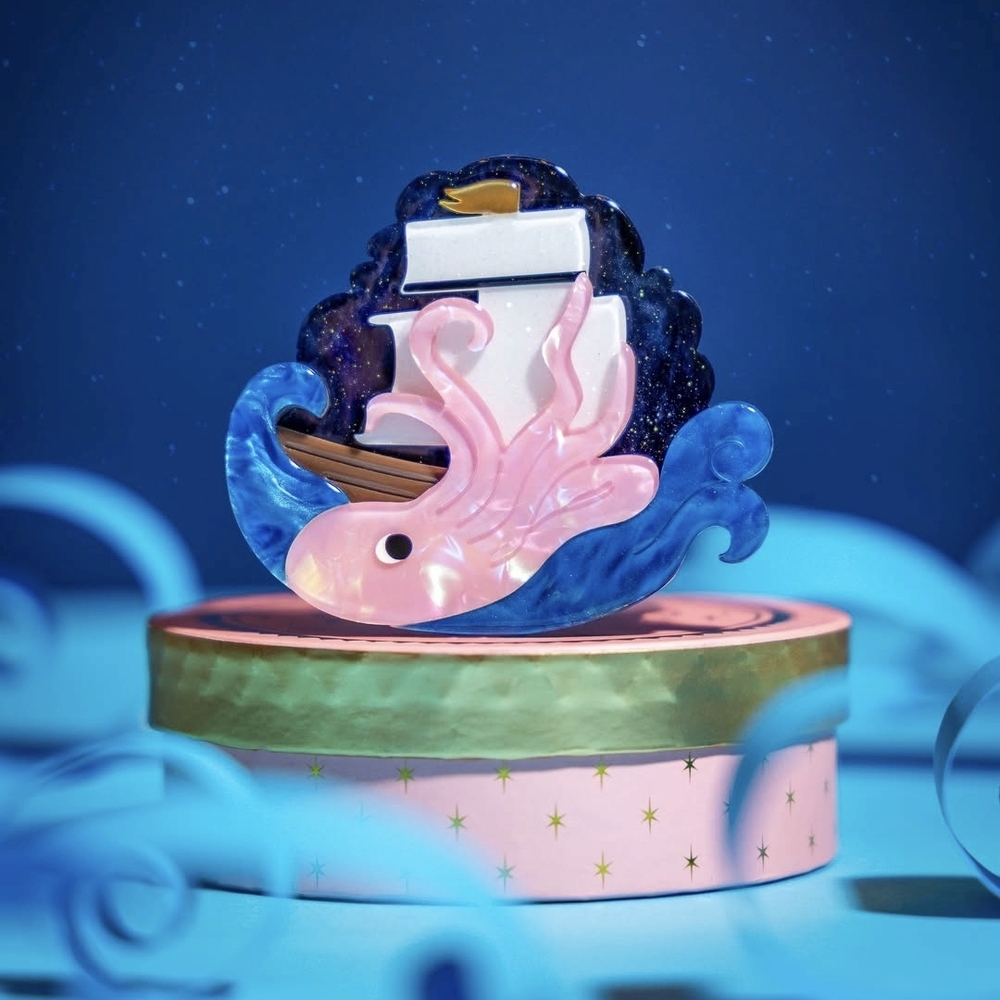 Whimsical Pink and Blue Kraken Ship Brooch Erstwilder From The Deep